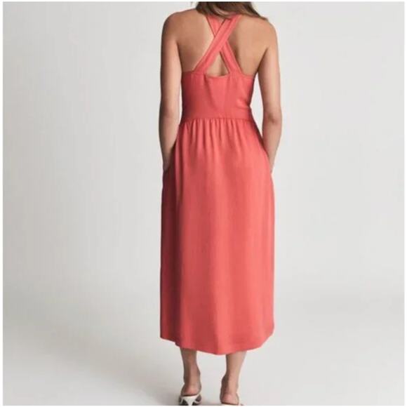 Reiss Orla Cross Front Halter Neck Midi Dress in Coral Pockets Size 10 - Picture 3 of 12